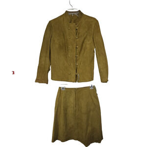 Vtg Blazer Leather Jacket Skirt Set Green Womens Grandma Workwear Business